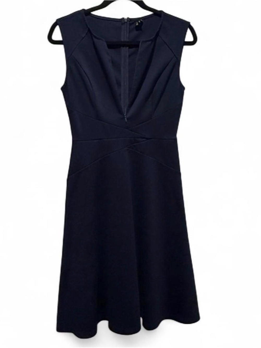 Elegant Navy Sleeveless Midi Dress with V-Neck Detail